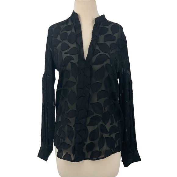 Equipment‎ Femme LS Silk Semi-Sheer V-Neck Pullover Blouse Black Leaves Sz XS - Picture 1 of 9